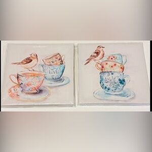 Floral Teacup & Bird Canvas Wall Art Set 🦜☕️